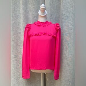 Laura García hot pink long sleeve silk ruffle detail blouse